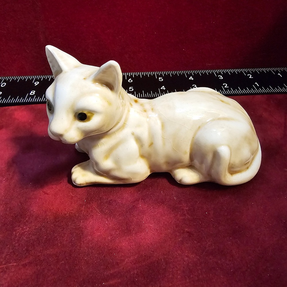 Vintage Ceramic Cat Figurine Cream Crazed Glaze MCM Kitsch Grandmacore Decor